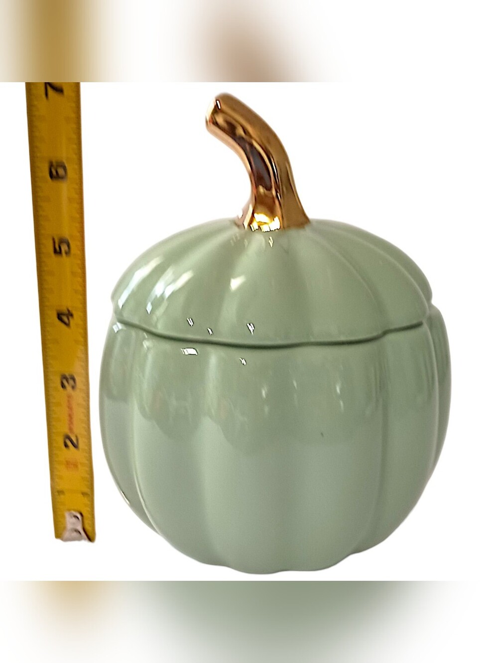 Martha Stewart Pumpkin Canister Sage Green Gold Ceramic Fall Harvest Candy Dish - Picture 2 of 16